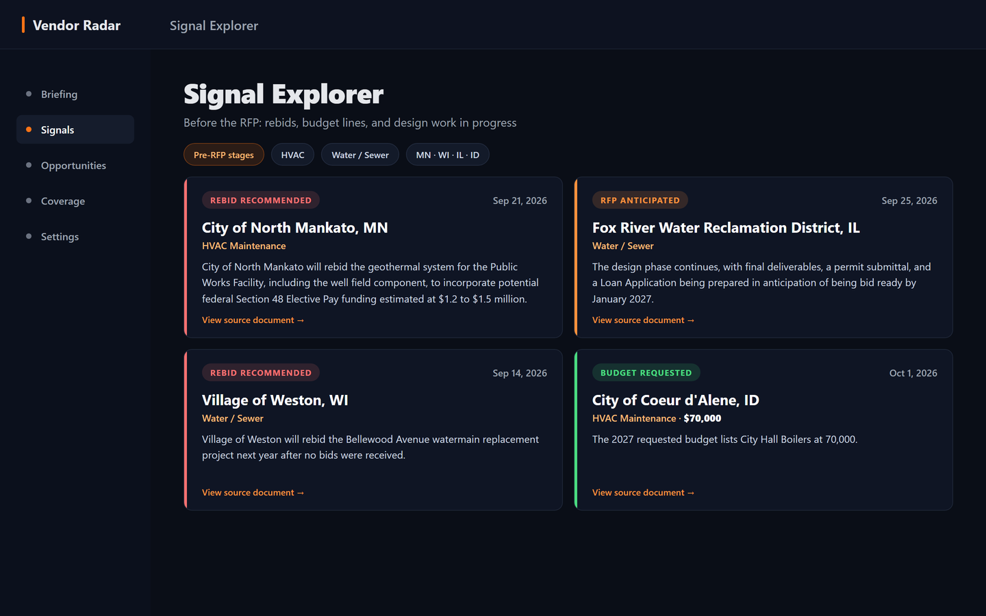 Vendor Radar Signal Explorer showing pre-RFP signals: rebids, budget lines, and design work in progress